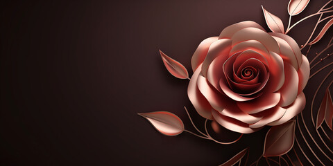 3d illustration of red rose with leaves on dark brown background.