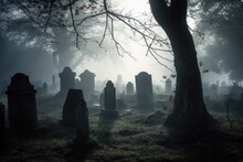 Eerie Graveyard Setting With Antique Gravestones And Fog. Generative AI