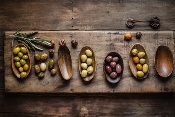 Wall Mural - On top of a wooden board, a variety of olives covered in olive oil are displayed. Generative AI