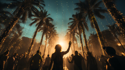 Wall Mural - Coastal tropical party - rave - dance - sunset - golden hour - kids partying - extreme low angle shot 