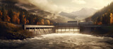 Fototapeta  - Hydroelectric power dam on a river and dark forest in beautiful mountains.generative ai
