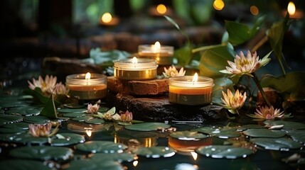 Poster - Candles on a natural stone background, right is bamboo grove green and the lotus on the water,