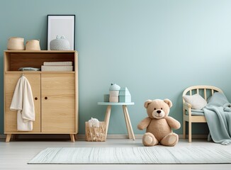 In a white room adorned with star patterns on the walls, there stands a petite light blue armchair designed for children, accompanied by a white rug.