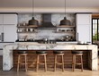 © lililia - Kitchen Interior in New Upscale Residence with Island, Sink, Cabinetry, and Hardwood Flooring. Showcases Sophisticated Pendant Lighting and a Rustic Farmhouse Sink Adjacent to a Sunlit Window.