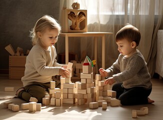 Two Children Engage in Creative Play on the Floor of a Playful Kids' Room, Using a Colorful Toy Building Set. The Scene Reflects Kindergarten-Level Educational Activities and Encourages