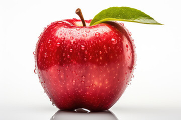 Wall Mural - Fresh red Apple fruit with green leaf and water droplets isolated on white background (ai generated)