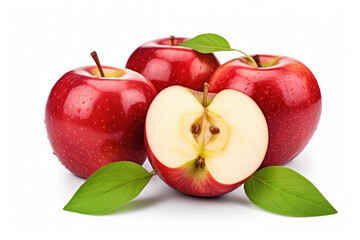 Wall Mural - Fresh red Apple fruit with sliced and green leaves isolated on white background. (ai generated)