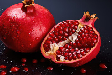 Wall Mural - Pomegranate with cut in half isolated on dark background. (ai generated)