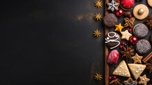 Chocolate Cookies And Pralines For Christmas And Advent On A Dark Slate Plate With Large Copy Space. Generative Ai