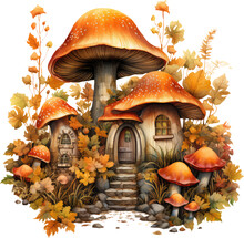 Mushrooms House In The Autumn Forest Watercolor Vector Illustration