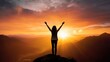 © pinkrabbit - Silhouette of woman stand and feel happy on the most hight at the mountain on sunset, success, leader, teamwork, target, Aim, confident, achievement, goal, on plan, finish, generate by AI.