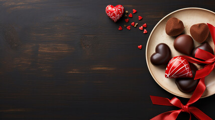 Valentine's Day Festive table setting, flat lay with two red heart shape . Generative Ai