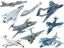 9 Famous English Jet Fighter Selection, Illustrated Vector Collection.