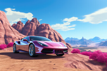 Pink ferrari car at rocks desert unreal. High quality photo