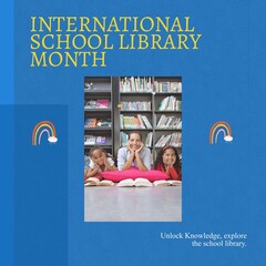 Canvas Print - Composite of international school library month text and diverse teacher and girls reading books