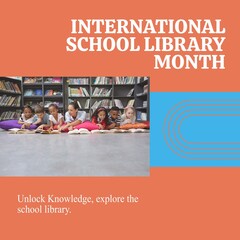 Canvas Print - Composite of international school library month text and diverse teacher with children reading books