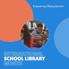 Sticker - Composite of international school library month text and african american boy using digital tablet