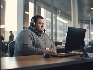 Overweight businessman wearing headset with microphone working on computer in modern office.