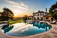 Luxury Mansion On Large Lot Of Land With Texas Hill Country Landscape And Surrounding Green Surroundings Of The Ranch Country Home With Infinity Pool And Wealthy Real Estate Living By