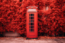 A Red Telephone Booth In Front Of Autumn Trees With Red Leaves. Generative AI