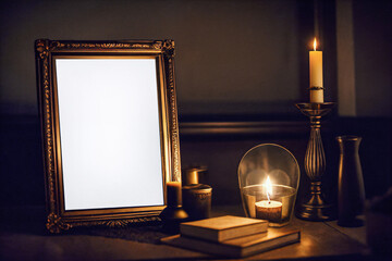 Wall Mural - Gothic gold frame mockup with candle and books