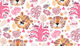 Fototapeta Koty - Seamless childish pattern with cute tiger Use for textile, fabric, wallpaper, wall art, poster, surface design, fashion kids wear, baby shower. Vector doodle illustration	
