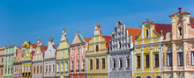 Panorama of colorful houses on the market square of Telc, Czech Republic