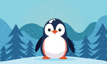 A Cute Penguin Standing In Ice Fole, Fir Tree And Mountain.