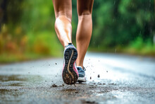 Young Woman Running In Rainy Weather, Water And Mud Splashes As Her Feet Hits The Ground, Low Angle Closeup Detail From Behind, Only Legs With Shoes Visible. Generative AI