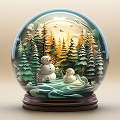 Wall Mural - Christmas greeting card, Winter wonderland with little town,Christmas tree and snowman inside with snow globe, Generative AI.