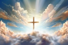 Symbolic Christian Cross On Heavenly Clouds With Serene Sky, Radiant Light, Peace, And Faith. Majestic Mountain Resembling Heaven's Gates. Generative AI