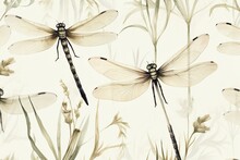 Seamless Pattern Featuring Dragonflies In Watercolor On A Beige Background. Generative AI