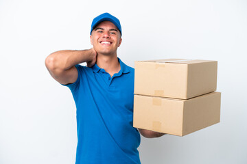 Wall Mural - Delivery caucasian man isolated on white background laughing