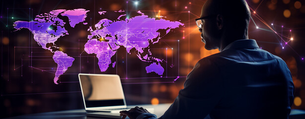 Canvas Print - computer operator working with a laptop on the background of the world map, legal AI