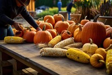 Rustic Wooden Table Outdoors, Covered With Freshly Harvested Pumpkins, Gourds, And Maize