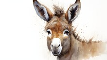 A Watercolor Illustration Of A Light Brown Donkey With Dark Ears And A Curious Look
