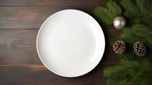 Top View Of Round Festive Plate On Fir Tree Background