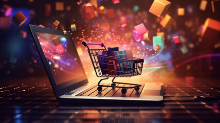 e commerce online store. Shopping cart and laptop computer with beautiful light bokeh on the background, celebration, holiday gift, promotion and special offer, e-commerce advertising concept.