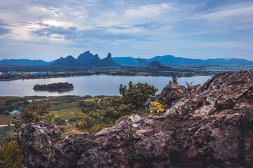 Wall Mural - Landscape of mountain and lake in sunset at Phu Sub Lek Reservoir viewpoint Lopburi Thailand