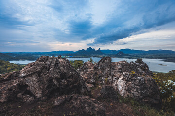 Wall Mural - Landscape of mountain and lake in sunset at Phu Sub Lek Reservoir viewpoint Lopburi Thailand