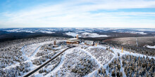 Fichtelberg Highest Mountain In Erzgebirge In Winter Aerial View Photo Panorama In Oberwiesenthal, Germany