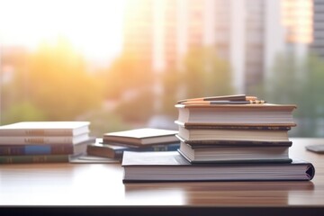 Stack of books on table in front of window overlooking a street with sunlight