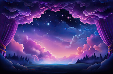 Wall Mural - Night landscape with clouds and stars in the sky. created by generative AI technology.