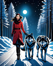 Anime Illustration Of A Winter Fashion Girl Walking With Two Wolves On Her Side On A Snowy Icy Road - Generative Ai