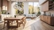 © Lucky Ai - Dining room and kitchen in a new open plan home. Features White walls and ceiling and parquet floors. Beautiful furniture made of wood and marble light-colored furniture fronts Generative AI