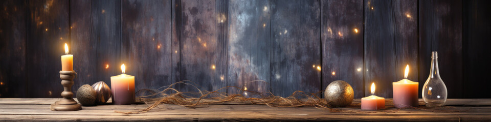 Banner image of Candle with bible on a old oak wooden table. Beautiful gold background. Religion concept.