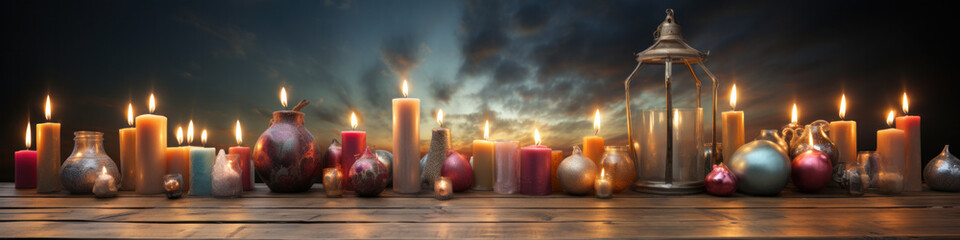 Banner image of Candle with bible on a old oak wooden table. Beautiful gold background. Religion concept.