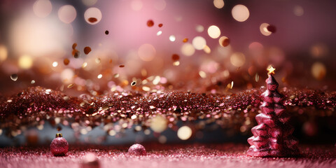 Wall Mural - Panoramic Little pink Christmas tree in gold bokeh light with pink festive background