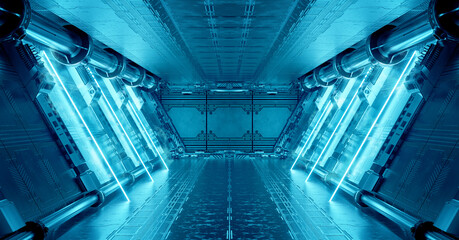 Wall Mural - blue spaceship interior with neon lights on panel walls. futuristic corridor in space station backgr