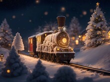Fantasy Vintage Winter Christmas Wonderland With Old Locomotive